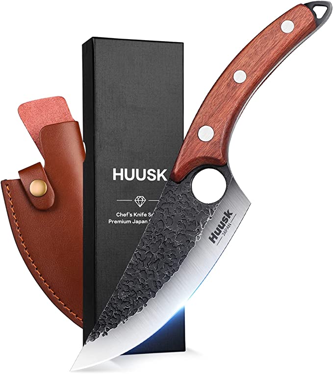 Huusk Viking Knives Hand Forged Boning Knife Full Tang Japanese Chef Knife with Sheath Butcher Meat Cleaver Japan Kitchen Knife for Home, Outdoor,