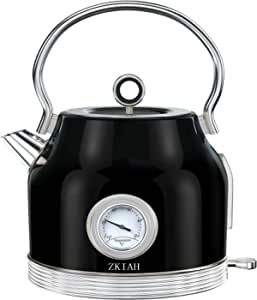 ZKIAH Kettle 1.7 L with Temperature Controller 220 V 2200 W Retro Stainless Steel Water Tea Kettle with Filter Automatic Shut-Off Boil Dry Protection Vintage Kettle (Black)