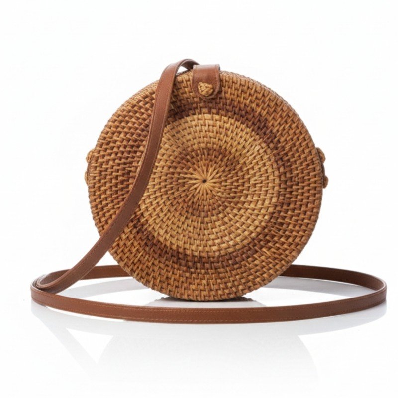 “Stylish round woven crossbody bag 🤎