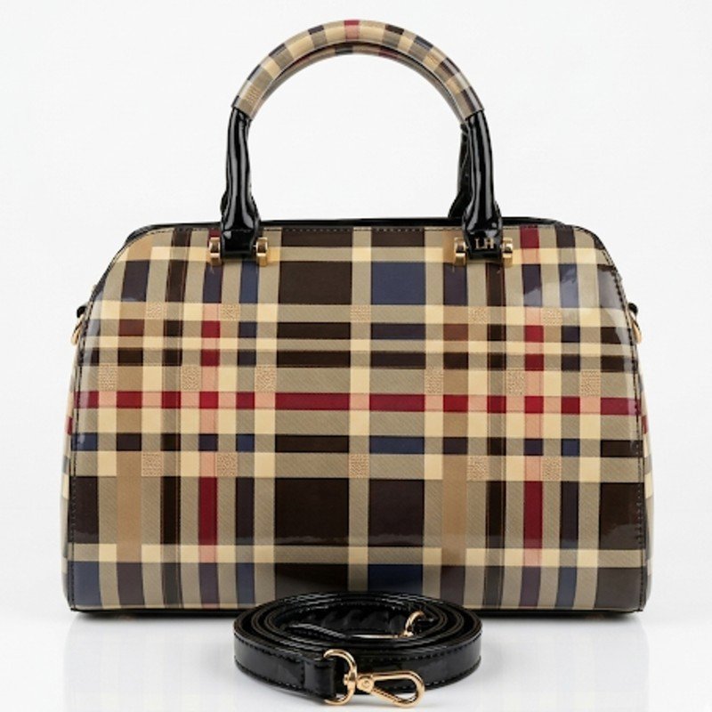 Diophy plaid patent satchel branded bag