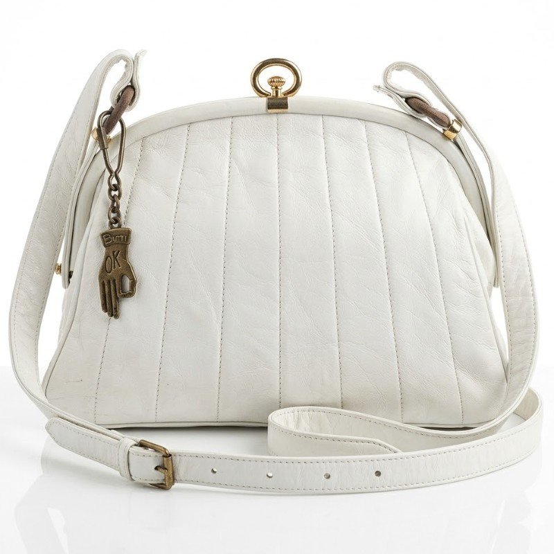 Stylish White Leather Bag with Unique 'OK' Hand Charm