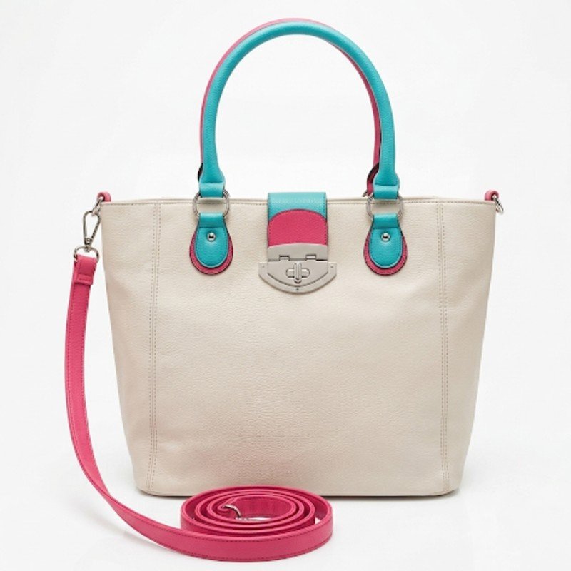 Cream Multi Faux Leather Tote Handbag.