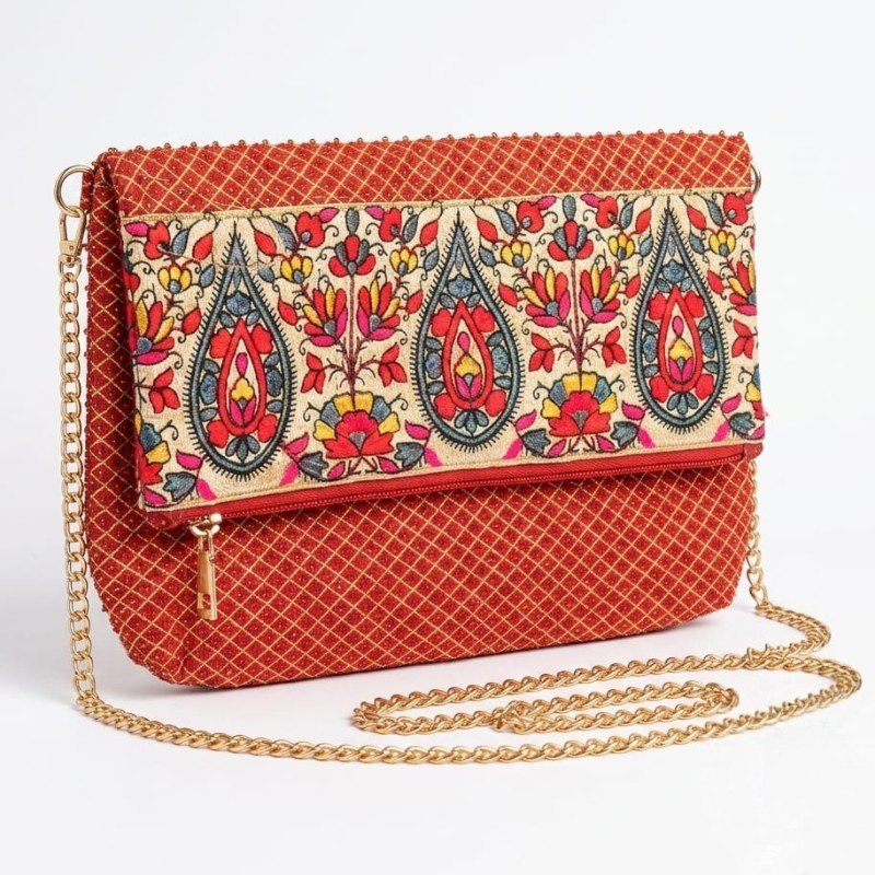 Red Embroidered Mixed Silk Chosha Bag