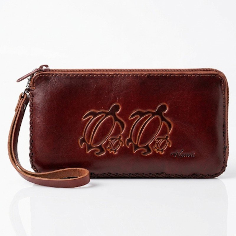 Brown leather turtle-embossed zip wallet