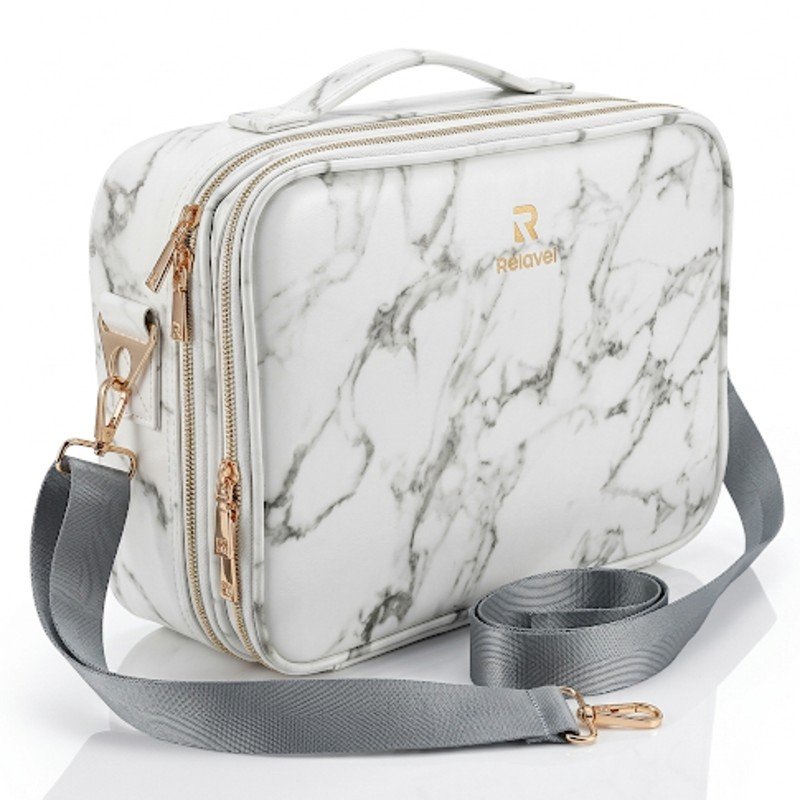 Relavel brand portable travel makeup train case with a marble pattern design.