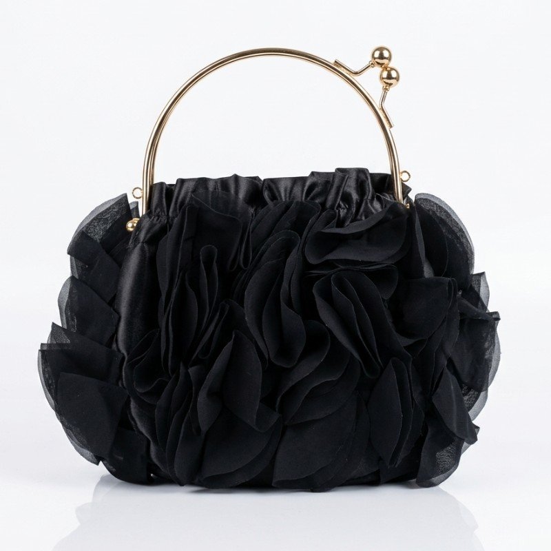 Black ruffled satin floral clutch purse