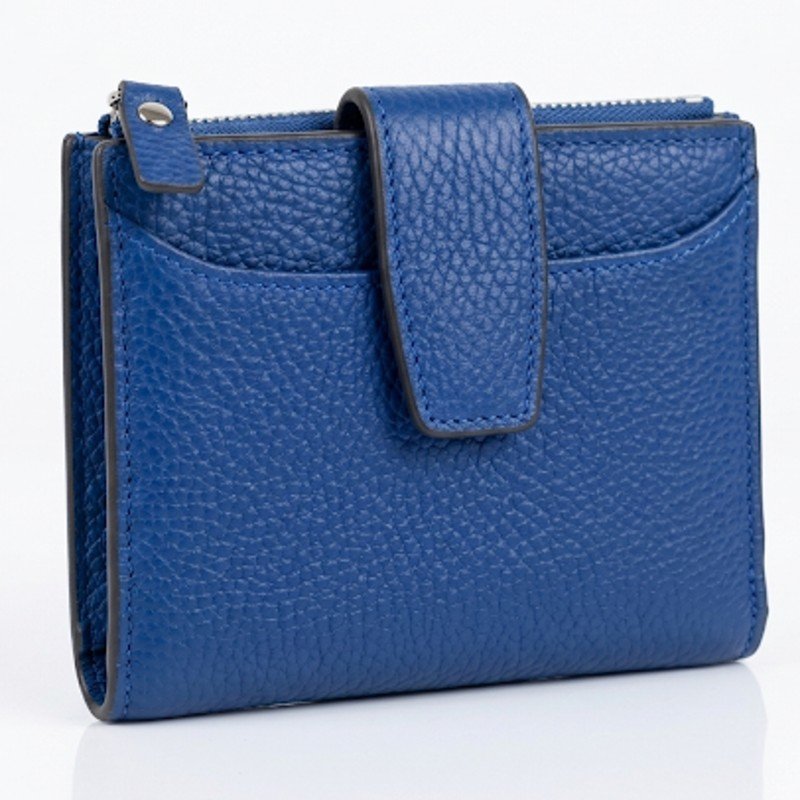 Premium Blue Grained Leather Compact Bifold Wallet