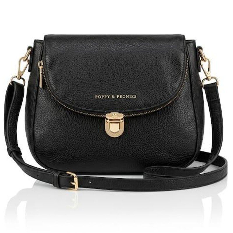 Black Poppy & Peonies Mini Downtown branded crossbody bag made from pebbled vegan leather.