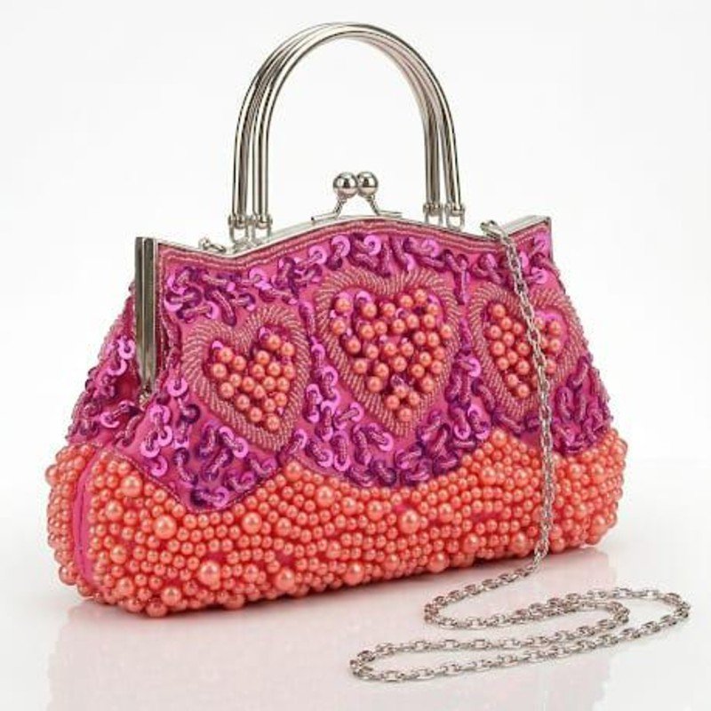 Beautiful Pink and orange embellished evening handbag featuring heart-shaped beadwork and a silver metal handle.