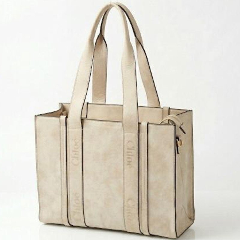 Chloe Woody Medium canvas tote bag in beige with logo-embroidered straps.
