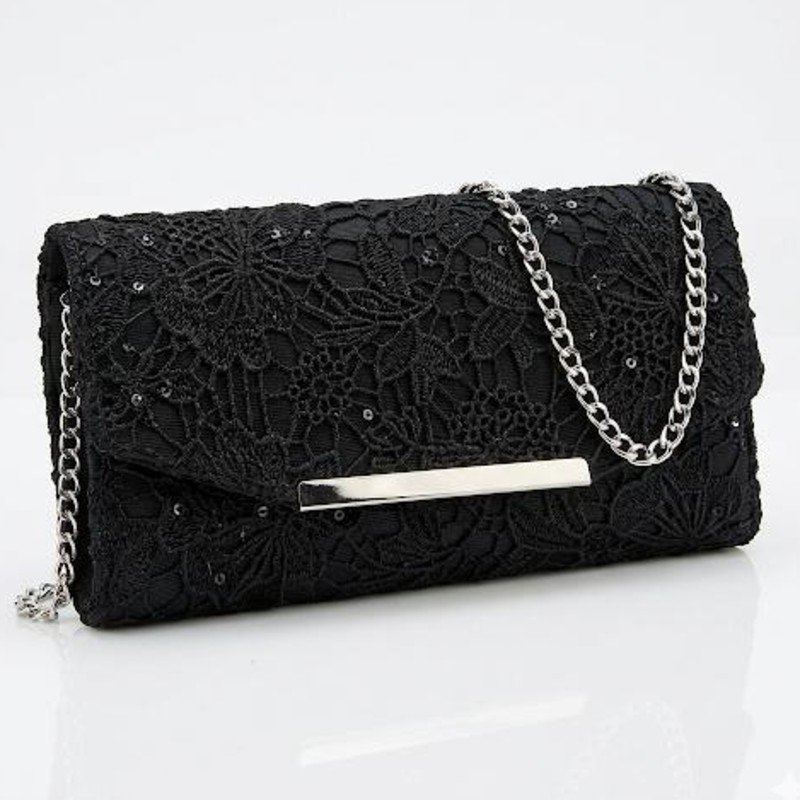 Black Temu floral lace evening Crossbody bag + clutch with a detachable silver chain strap.