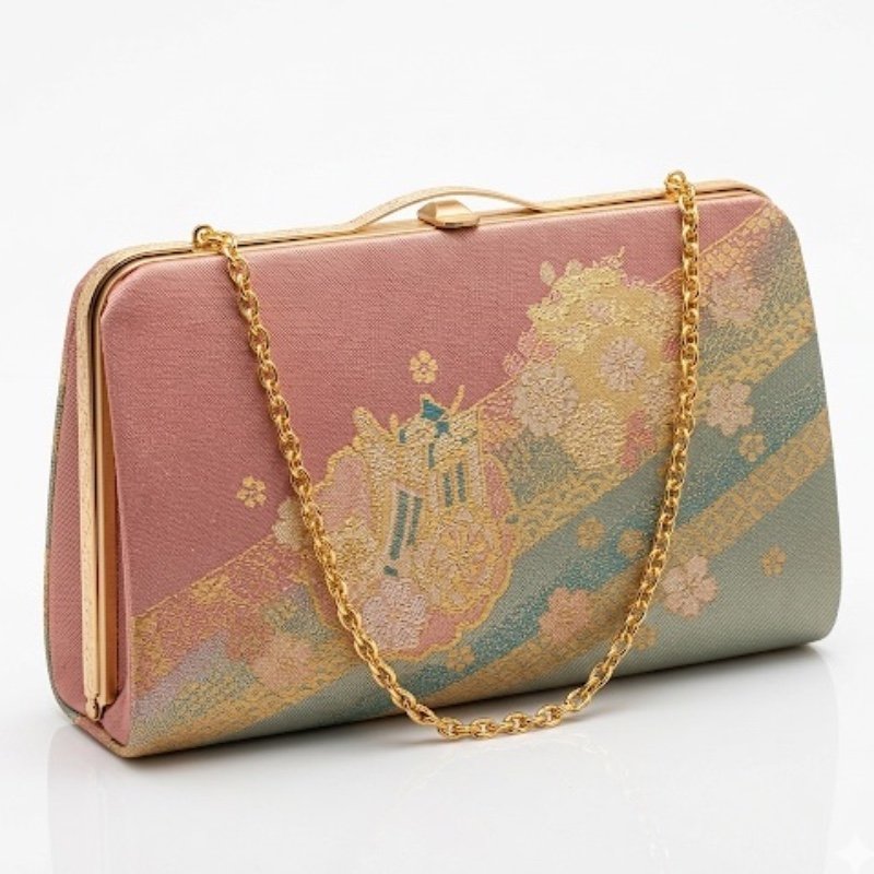 Vintage japanese kimono bag of silk obi fabric with a metal chain strap