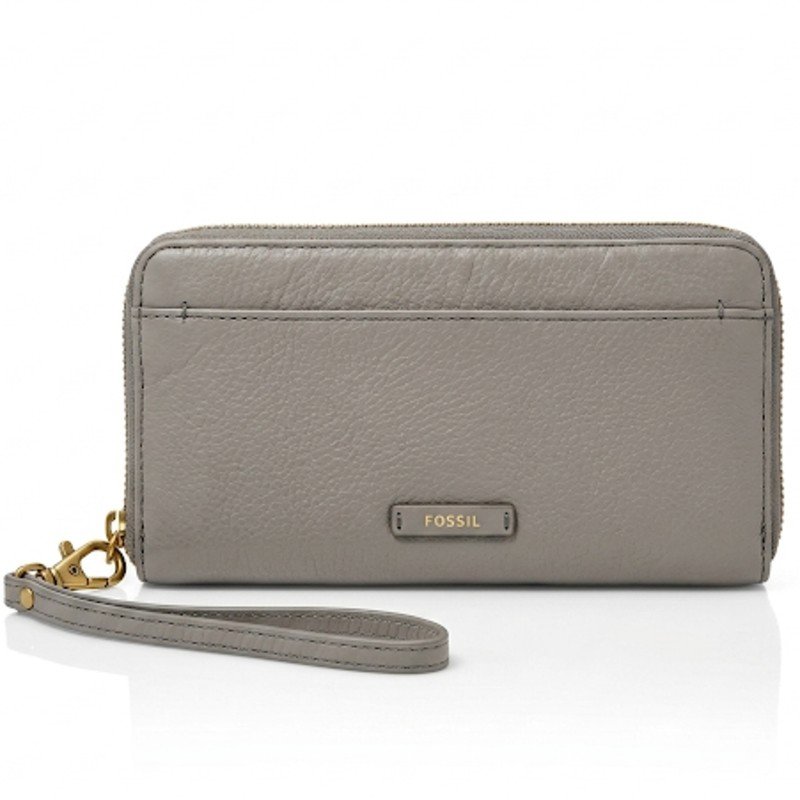 Fossil coded Logan RFID Zip Around Clutch in grey leather.