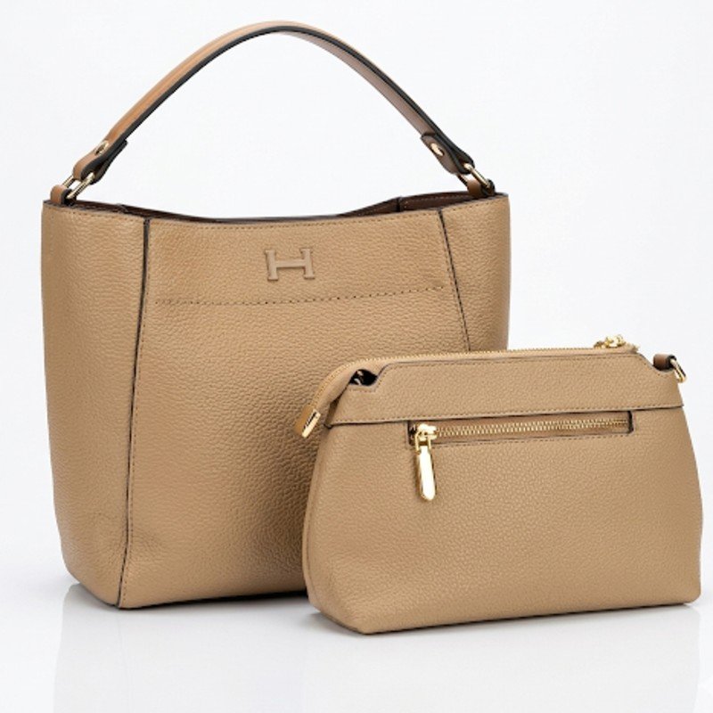 Camel-colored Adoro handbags consisting of a structured bucket bag and a matching pouch.