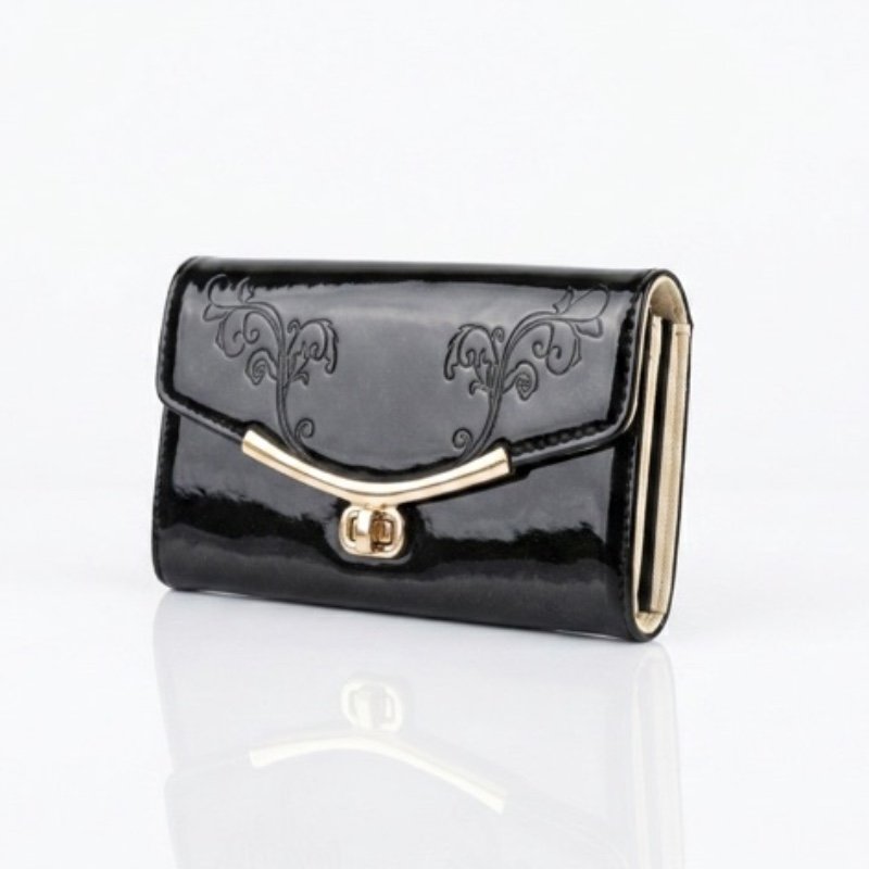 Black Glossy Wallet with Floral Detail