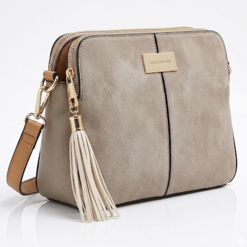 River Island Grey Suede Crossbody Bag – Double Zip with Stylish Tassel