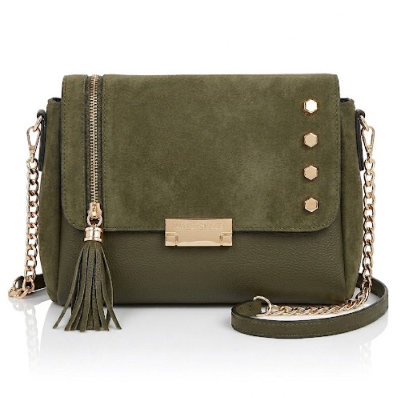 River island branded Olive Green Suede crossbody – Studded Tassel Edition