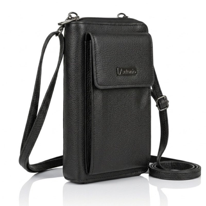 Antonio Premium Leather Mobile Crossbody – Compact Black Travel Pouch