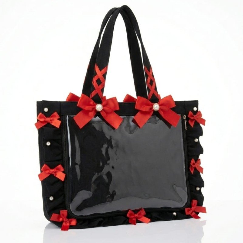 Zakkamart ruffle design Ita-bag in black with red bows.