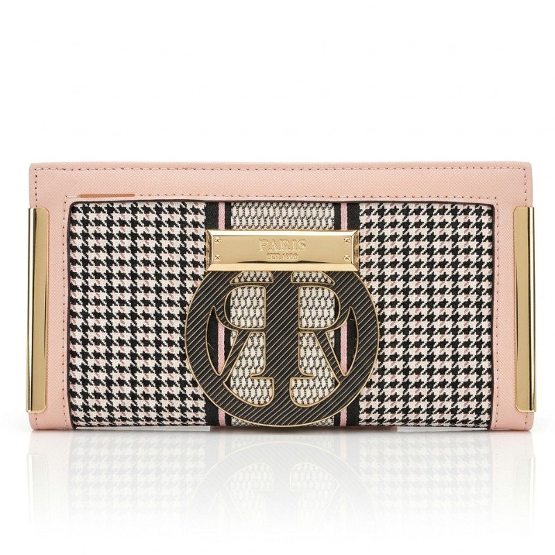 River Island pink bouclé knit purse featuring a distinctive circular branded emblem and gold metal hardware.