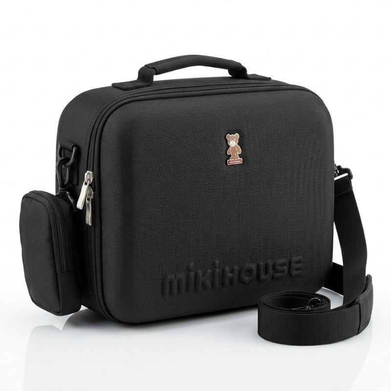 Black Miki House semi-hard case mothers bag featuring an embroidered bear logo and carrying strap.