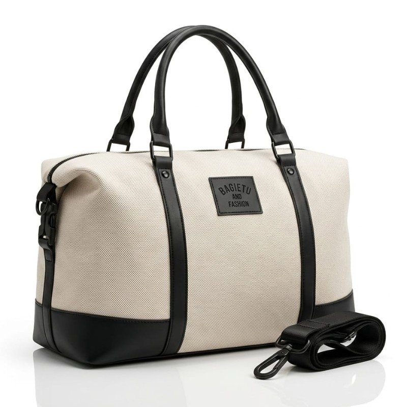 Black beige canvas duffle bag