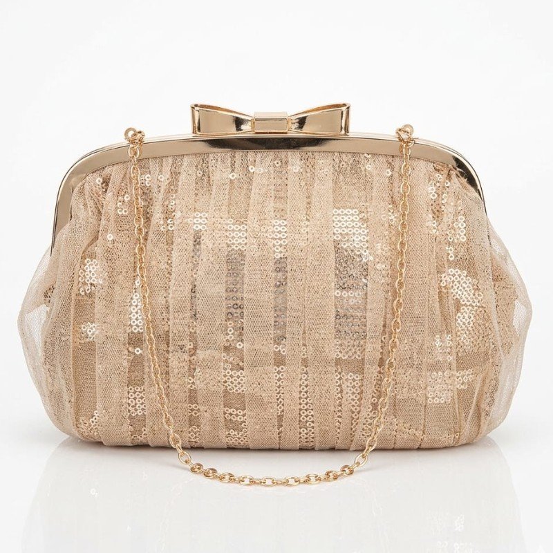 Gold colored clutch bag metal chain strap with beautiful metal bow