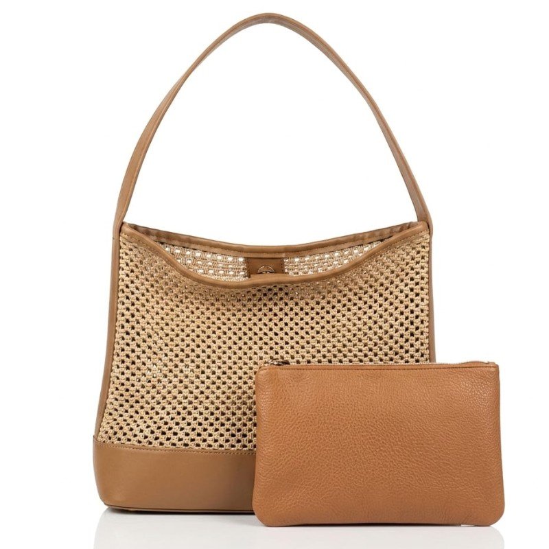 Mila Owen Mesh Bucket Tote Bag in a beige color.