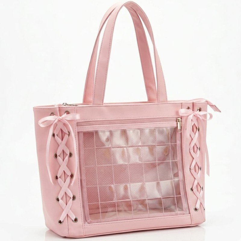Wego pink Japanese shoulder bag featuring a clear front pocket for displaying decorative pins.