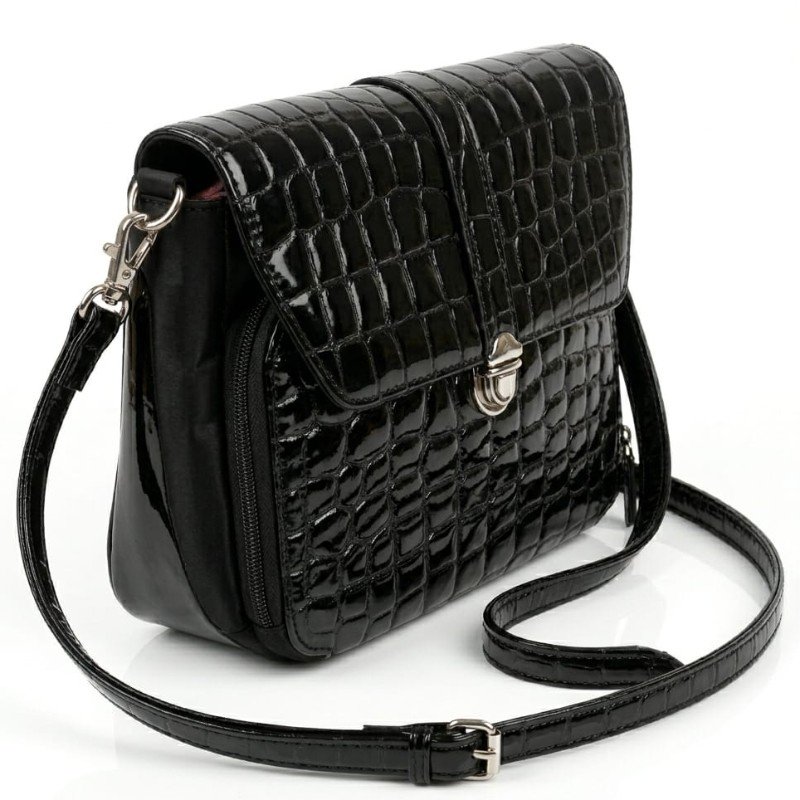 Sanpou black crocodile-embossed patent leather shoulder bag with a silver-toned hardware lock.