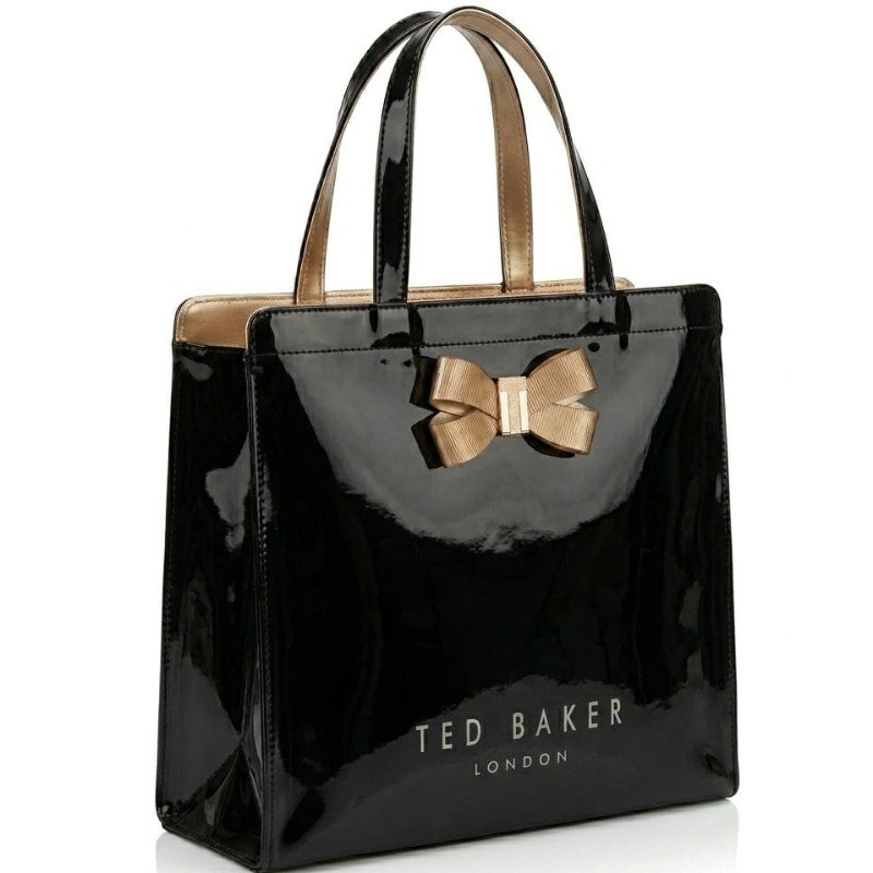 Ted Baker London Bow Icon Large Shopper Bag in black patent with a gold bow detail.