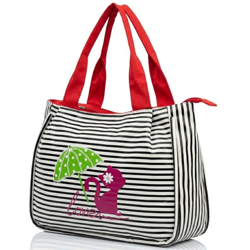 Black and white tote bag with cat design