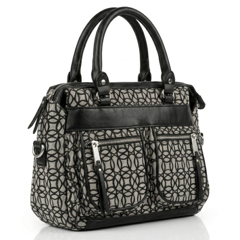 This is a Time and Tru Beckett satchel handbag featuring a black and beige geometric jacquard pattern.