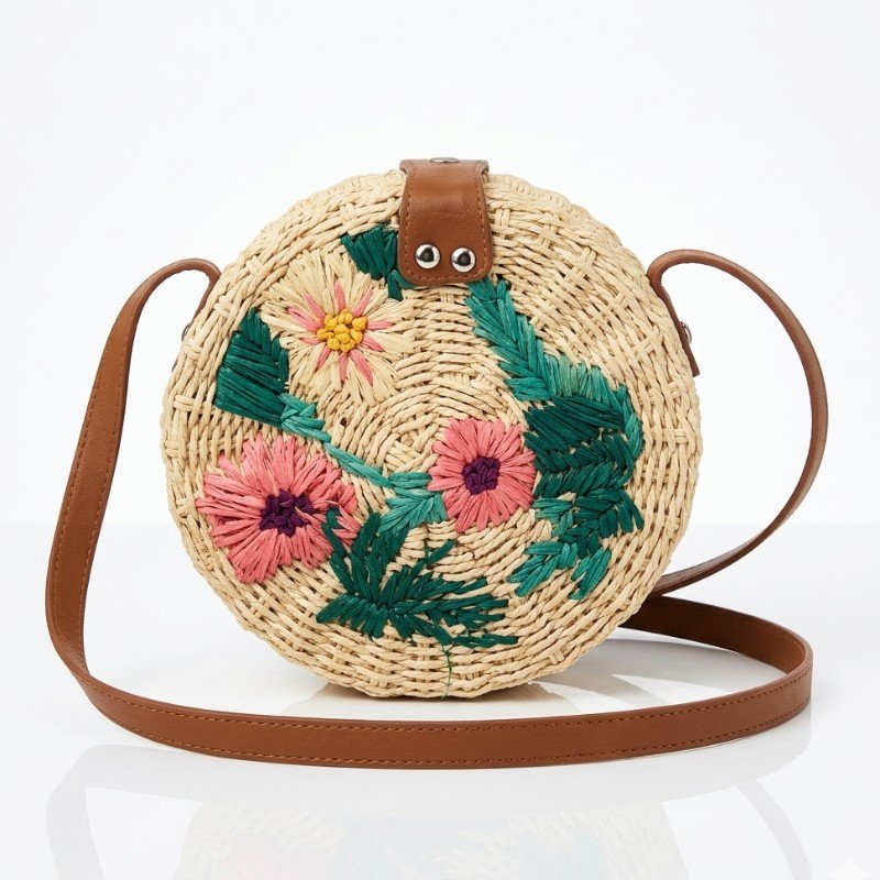 Topshop circular straw bag featuring embroidered floral details and a brown shoulder strap.