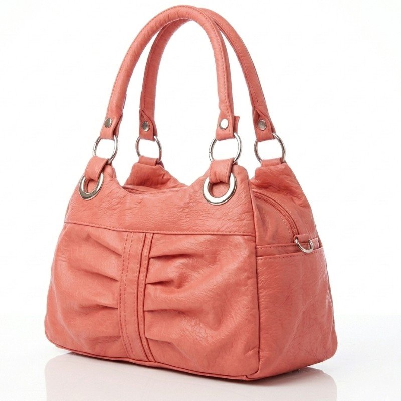 salmon-colored faux leather hobo shoulder bag featuring pleated details and ring hardware.