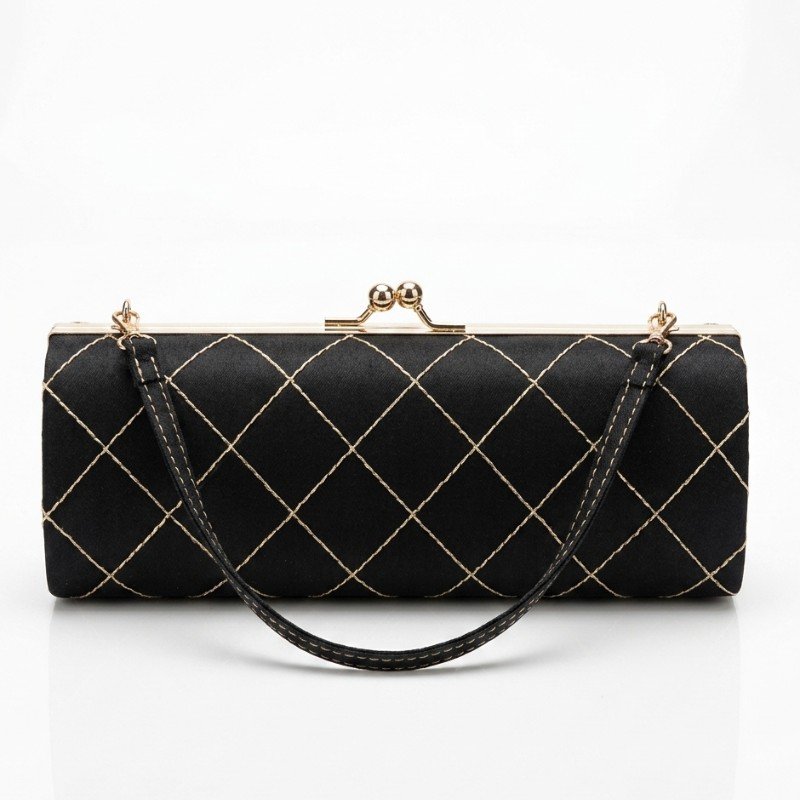 black quilted clutch purse with a clasp closure and a detachable shoulder strap