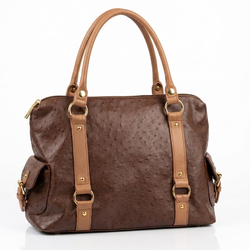 Mark light brown faux ostrich medium travel tote bag with gold accents
