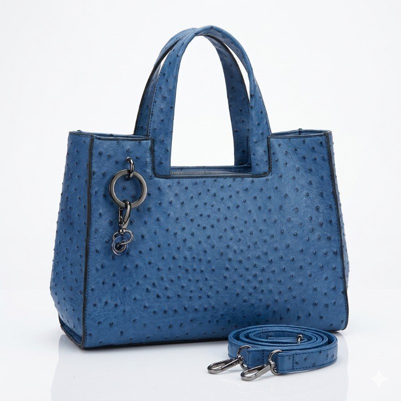 blue ostrich leather handbag with a detachable strap.