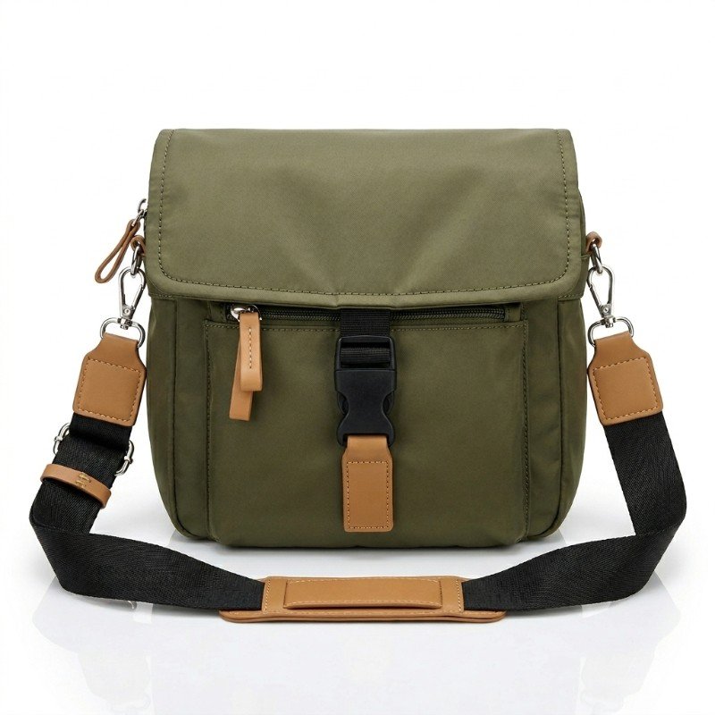 olive green nylon messenger bag by Ale-Hop with brown leather-look trim and a black buckle closure.