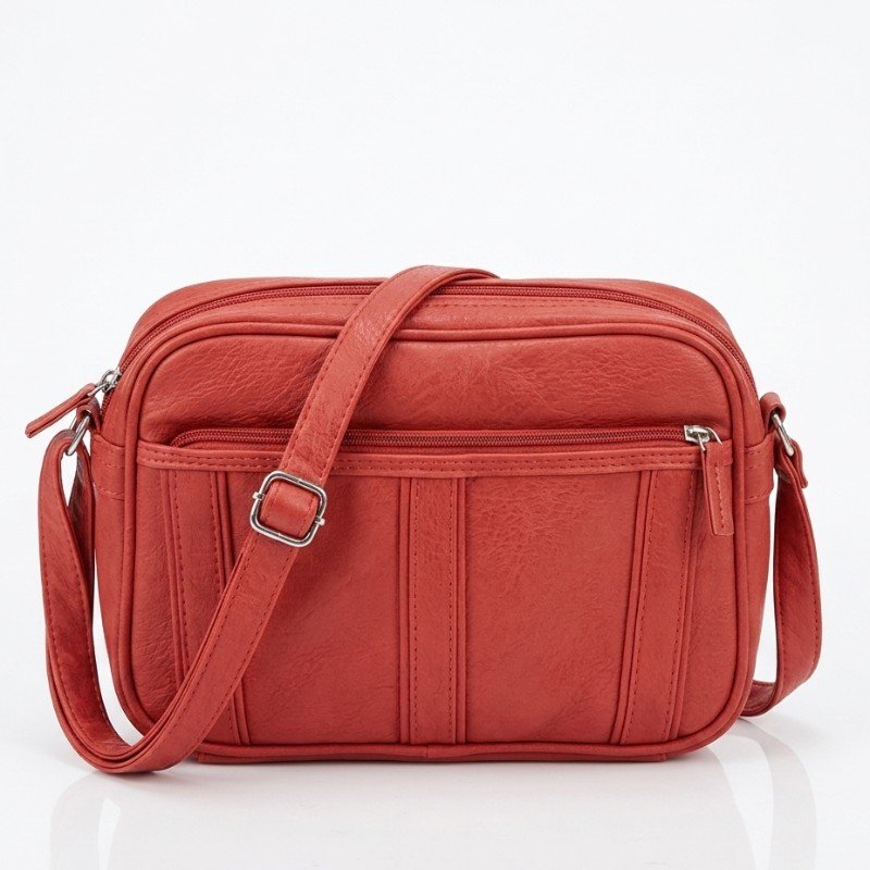 red leather crossbody bag with multiple zippered pockets.