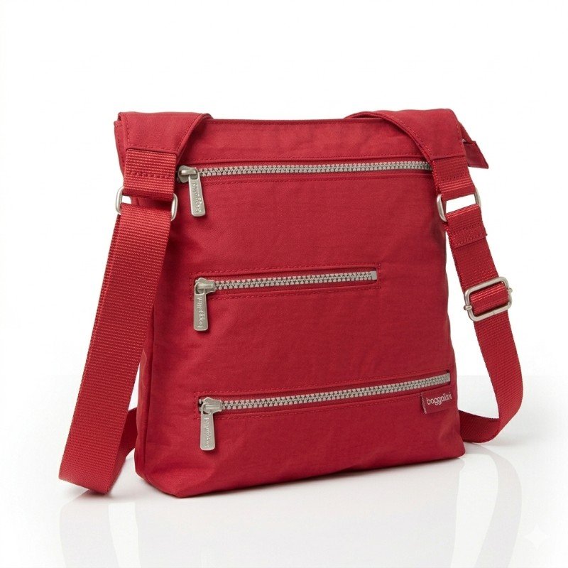 red nylon Baggallini crossbody bag with multiple zipper pockets.