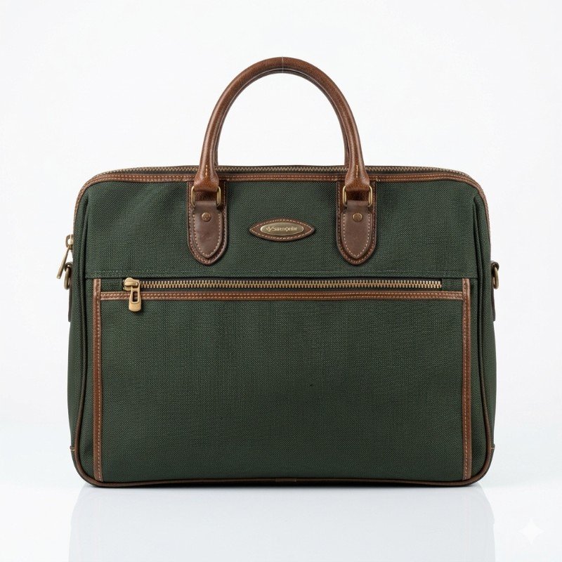 vintage Samsonite green business bag with brown leather trim