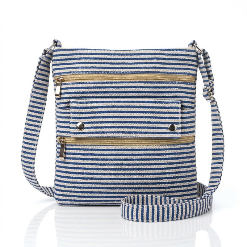 blue and white striped canvas crossbody sling bag with multiple zippered pockets
