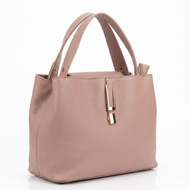 dusty pink SJ textured leather tote bag featuring a distinctive gold metal vertical clasp.