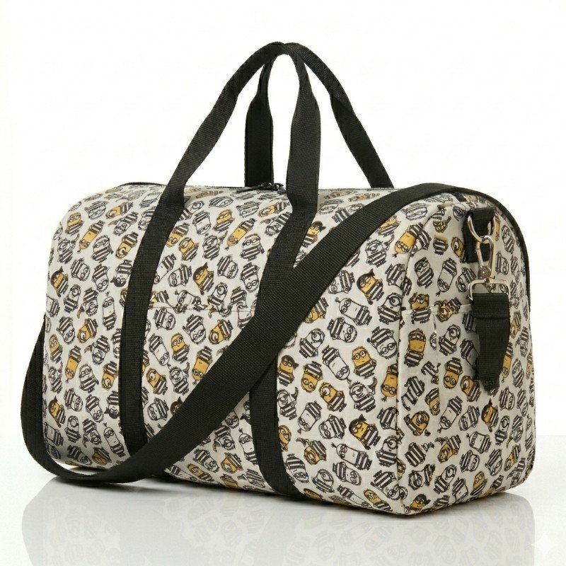Minions themed character duffel bag with black handles and a crossbody strap.