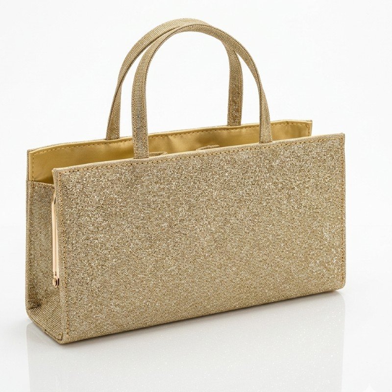 structured gold glitter mini handbag with top handles.
