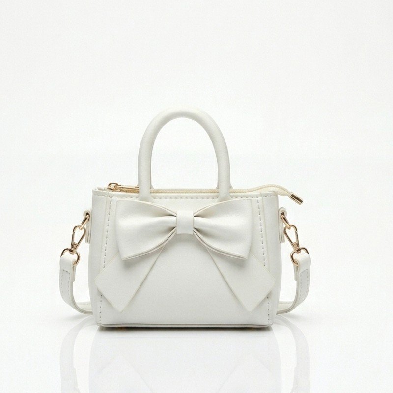 white PU leather mini handbag featuring a large bow decoration and a crossbody strap
