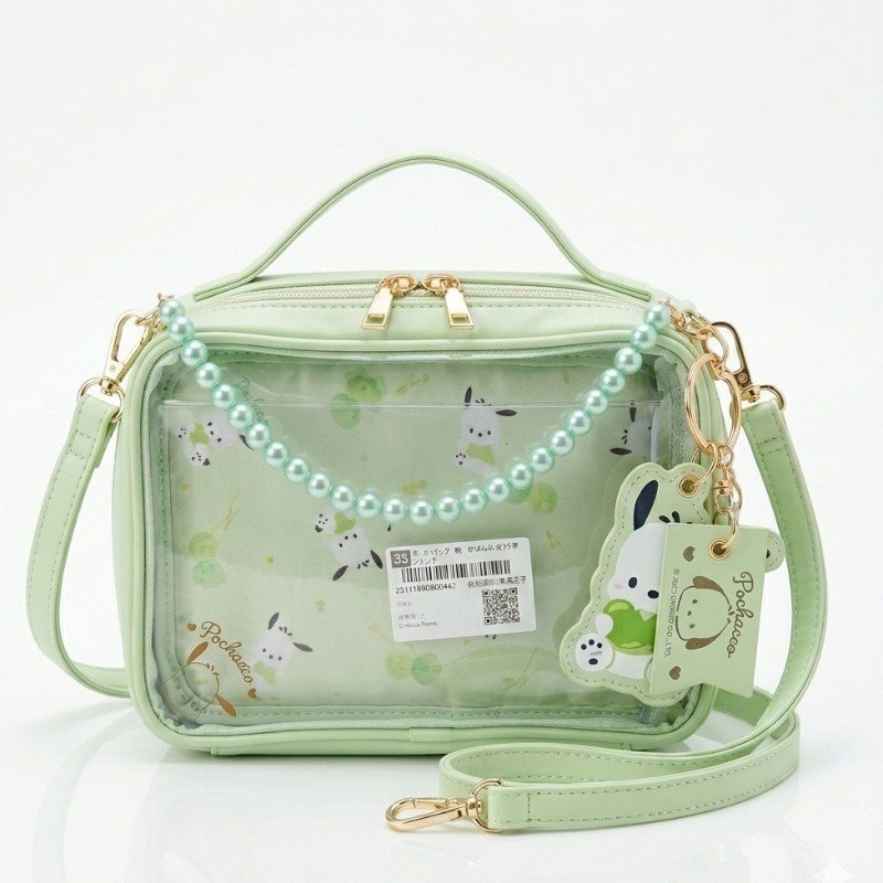 Sanrio Pochacco Half-Clear "Enjoy Idol" Shoulder Bag in mint green.