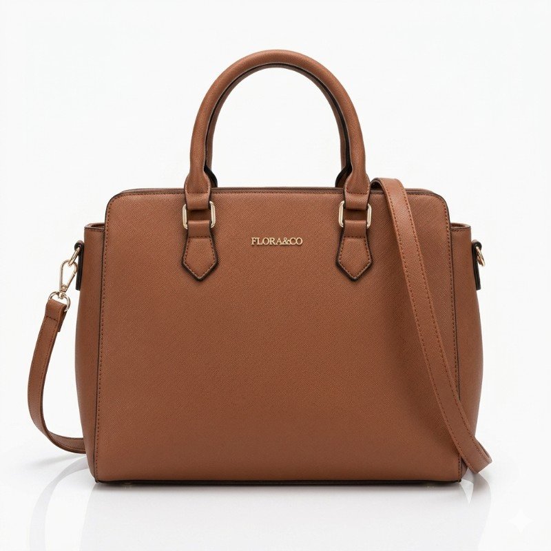 tan Flora&Co structured satchel handbag with top handles and an adjustable shoulder strap.