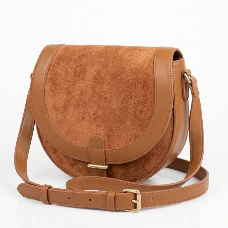 Autonomy brown saddle shoulder bag features a distinctive suede front flap with a contrasting smooth leather